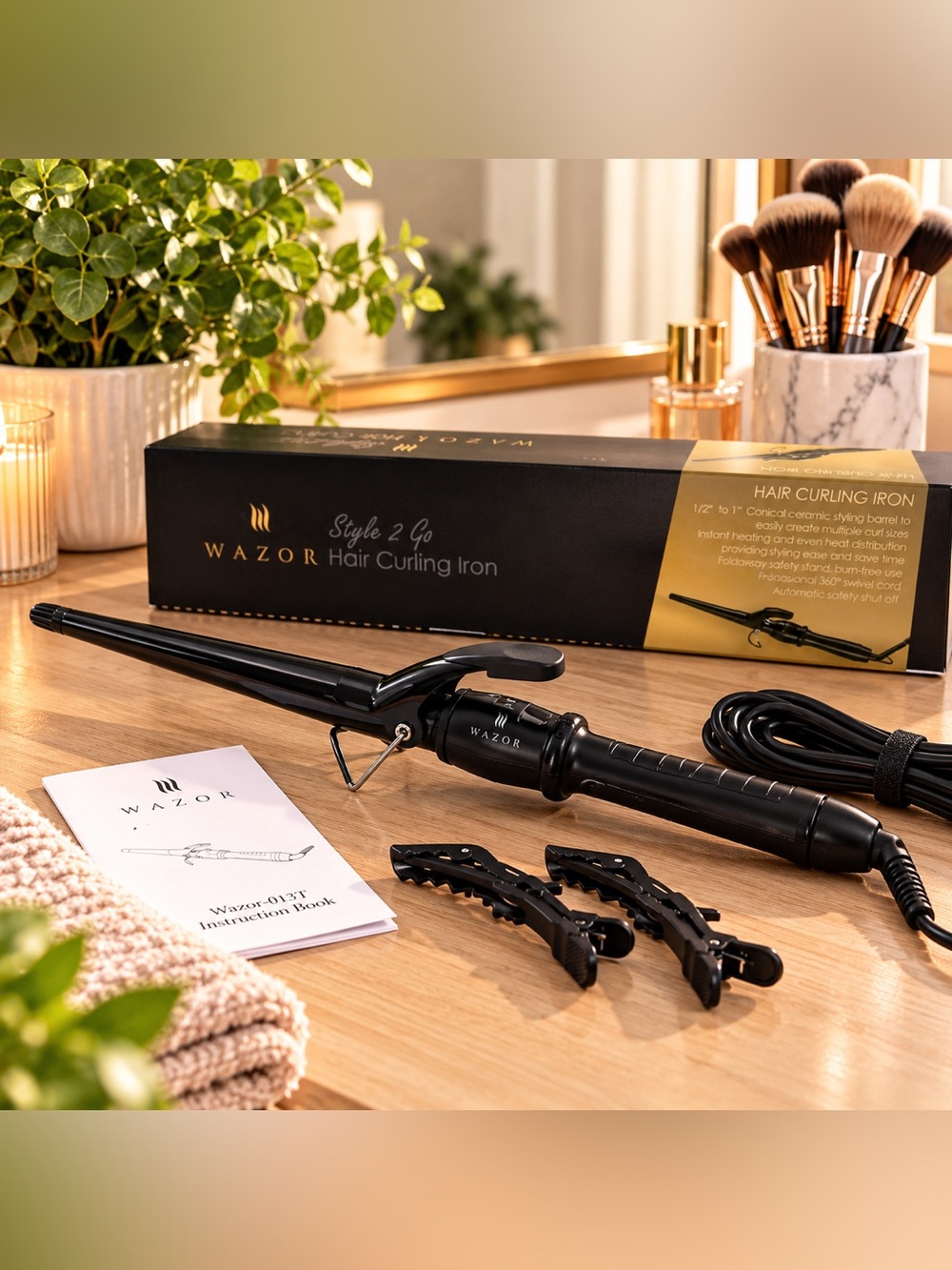 Wazor Style 2 Go Conical Ceramic Curling Iron 1/2”–1” + Box & Clips